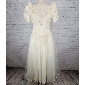 Pallas Athena Ivory Satin Embroidered Beaded Bridal Wedding Dress Gown Size P12